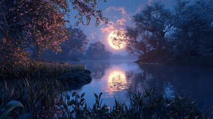 Poster - Experience the enchanting beauty of a moonlit landscape with reflections on tranquil waters