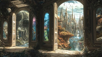 Poster - Explore the enchantment of a magical room with numerous doors leading to fantastical worlds