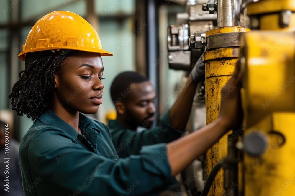 Two Black individuals are actively engaged in maintenance tasks on large machinery inside an industrial setting. They wear safety gear and focus on their work.