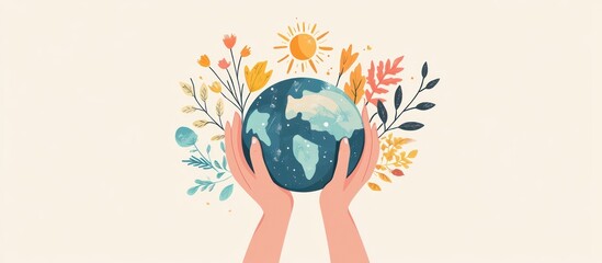 hands holding earth globe surrounded by flowers and sun