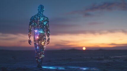 Leinwandbilder - Explore the surreal transformation of a human figure into a digital entity against a sunset landscape