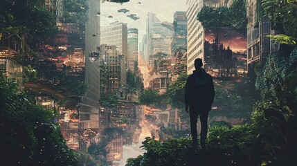 Aufkleber - Explore the surreal journey of a person walking through an enigmatic landscape filled with urban wonders and nature's embrace