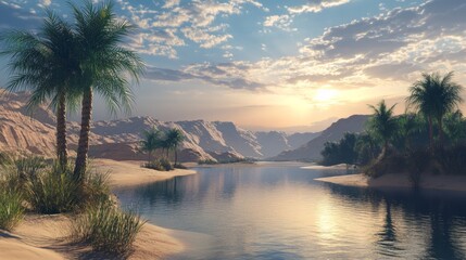Poster - A beautiful landscape with a river and palm trees