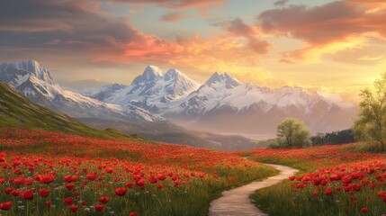 Poster - A beautiful mountain landscape with a red field and a path