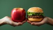 © Veronika - Contrasting choices of healthy fruit and indulgent burger held in hands against a green background showcasing dietary preferences and temptations