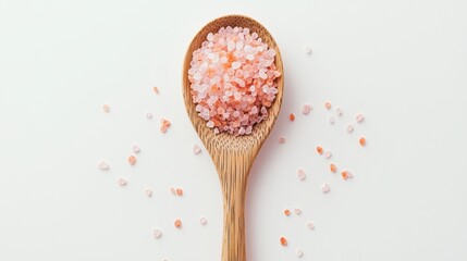 Wall Mural - Natural pink salt in a wooden spoon with scattered crystals on a white background captured in bright light at home kitchen setting