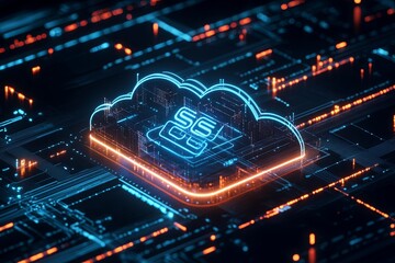 Poster - Abstract representation of cloud computing technology with glowing circuitry and digital visualizations in a futuristic setting. Generative AI