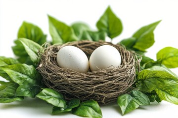 Wall Mural - Two speckled eggs resting in a small nest amidst lush green foliage during daylight hours