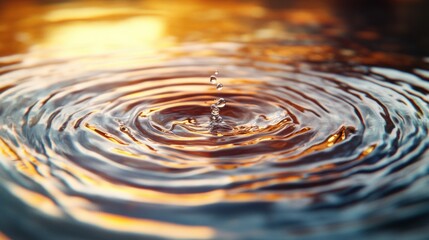 Poster - A single water droplet creates ripples on a reflective surface at sunset, AI