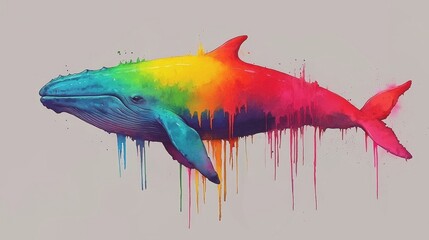 Wall Mural - A vibrant rainbow colored whale with dripping paint against a gray background.