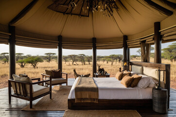 Wall Mural - A high-end tented safari lodge featuring refined interiors, private decks, and panoramic views of wildlife