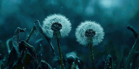 Two dandelions are in the foreground of a wet, dark field