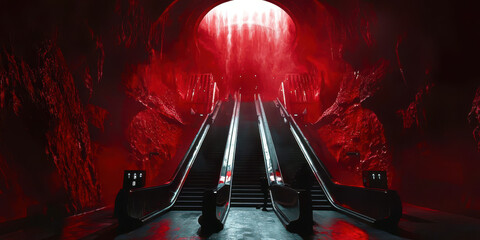 Poster - A red tunnel with a staircase leading down