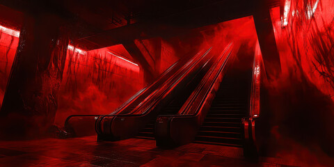 Poster - A red subway station with escalators and stairs