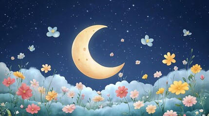 Wall Mural - a crescent moon shines over a field of flowers and fluffy clouds against a dark, starry sky.