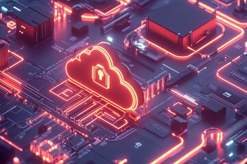 Poster - Digital cloud storage concept with illuminated circuitry and a padlock symbolizing data security technology. Generative AI