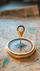 golden compass on vintage world map, navigation, exploration, adventure, travel destination concept.
