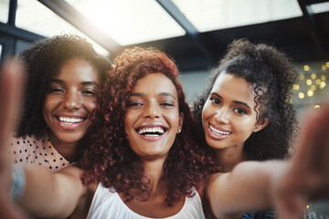 Laughing, selfie and smile with woman friends at social gathering together for new year eve party. Funny, happy and photograph with people at evening event for bonding, entertainment or celebration