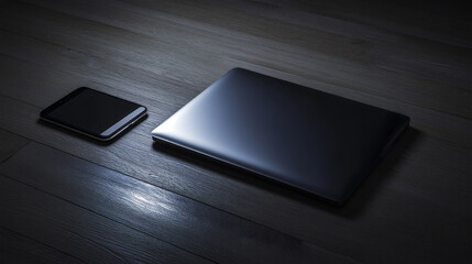 Poster - A black laptop and a black cell phone are on a wooden table
