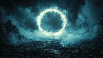 Poster - An abstract, illuminated white ring floating in the dark sky, surrounded by smoke