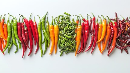 A colorful array of chili peppers, including red, green, and orange varieties, is displayed against a clean white background.