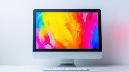 Poster - A desktop computer sits against a clean white backdrop, its vibrant screen displaying a colorful wallpaper.