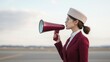 © Jayda_ArtistryHub - A flight attendant on a runway, holding a megaphone to communicate with passengers during an emergency   flight attendant, megaphone, runway communication