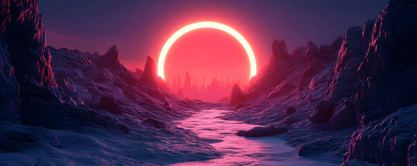 Wall Mural - A 3D Render of a Futuristic Cityscape with a Glowing Ring in the Sky