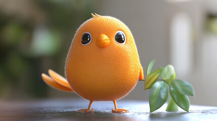 Wall Mural - Adorable 3D animated cartoon orange bird with leaves.