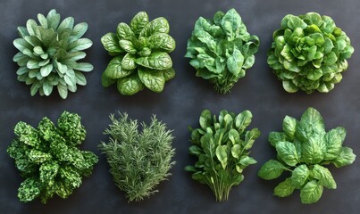 Vegetables, kitchen herb garden, 3d realistic vector set. Cilantro, lettuce, mint, rosemary, dill, basil, arugula, spinach