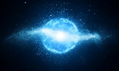 Wall Mural - Animation of glowing blue particles of light moving to centre from left and right, on black