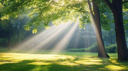 Wall Mural - sun rays piercing through trees in a serene park