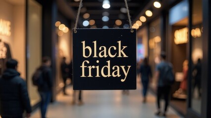 sign with the words Black Friday on the background of shops