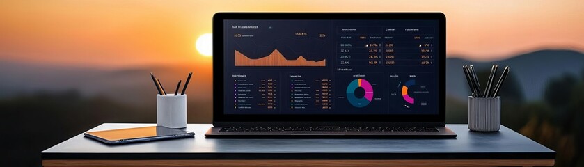 a modern laptop displaying analytical data against a sunset backdrop, symbolizing productivity and i