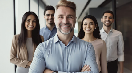 A photo of happy business team standing in modern office