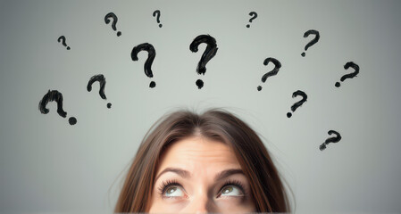 a woman's face is depicted in a light grey background, with curious expressions with hand drawn ques