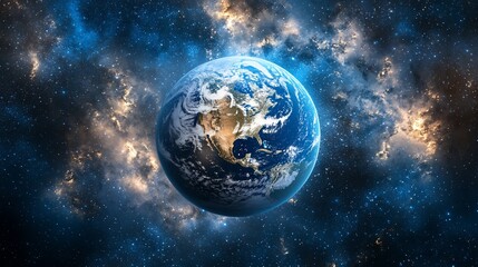 Wall Mural - A vibrant blue and green Earth, centered against a backdrop of swirling nebulas and twinkling stars.