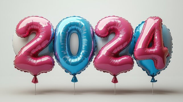A set of colorful balloons with '2024' numbers, floating on a clean white background.