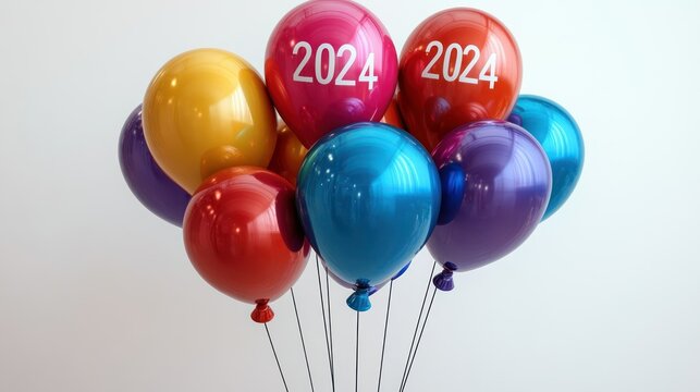 A set of colorful balloons with '2024' numbers, floating on a clean white background.