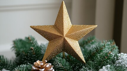 Wall Mural - A shimmering gold Christmas star tree topper, standing out on a clean white background.