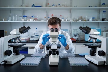 Leinwandbilder - Scientist using microscope examining samples in laboratory researching new medicine