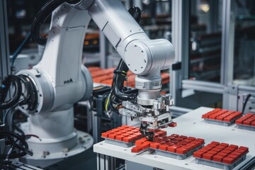 Poster - Robotic arm picking red component in automated assembly line