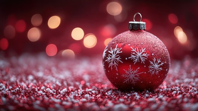 A Christmas bauble with intricate white snowflake patterns, set against a festive background.