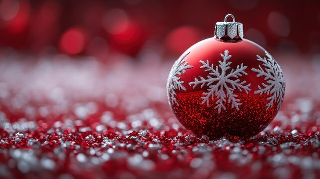 A Christmas bauble with intricate white snowflake patterns, set against a festive background.