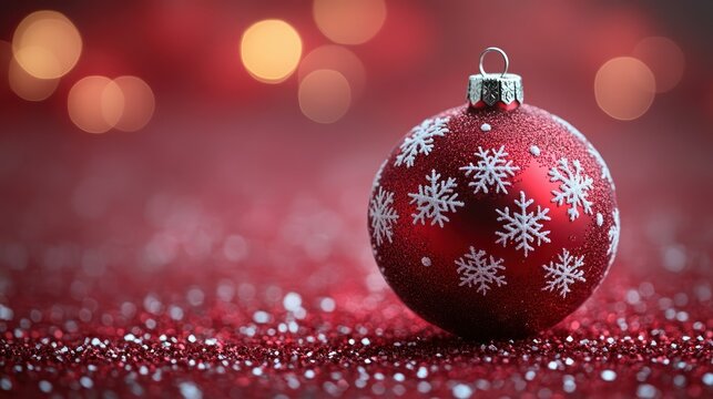 A Christmas bauble with intricate white snowflake patterns, set against a festive background.