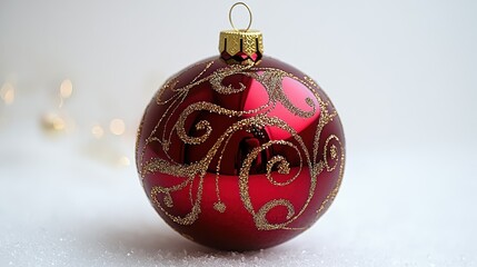 Wall Mural - A shiny red Christmas ornament with gold swirls and a hanging ribbon, against a white background