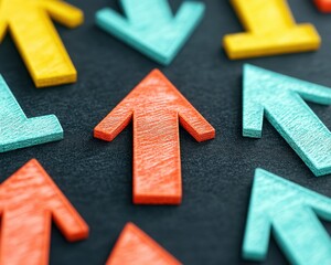 Poster - A vibrant arrangement of colored arrows pointing upwards, symbolizing direction, growth, and aspiration against a dark background.