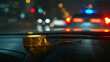 © Volodymyr Shcherbak - Roll of yellow Crime scene tape on dashboard of modern police car with reflection in windshield mirror