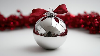 Wall Mural - A shiny silver bell-shaped Christmas ornament with a red ribbon, standing out on a white background.