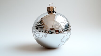 Wall Mural - A shiny silver Christmas bauble with delicate engravings, isolated on a clear white background.